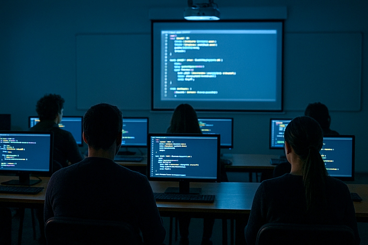 Students work on computer programming for a themed double feature, relating to classic films.